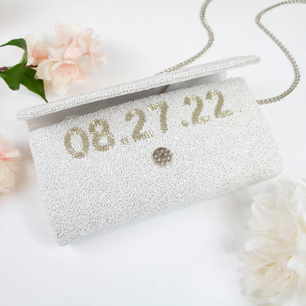 Medium Silver Personalized Hand Beaded Clutch (FOG)