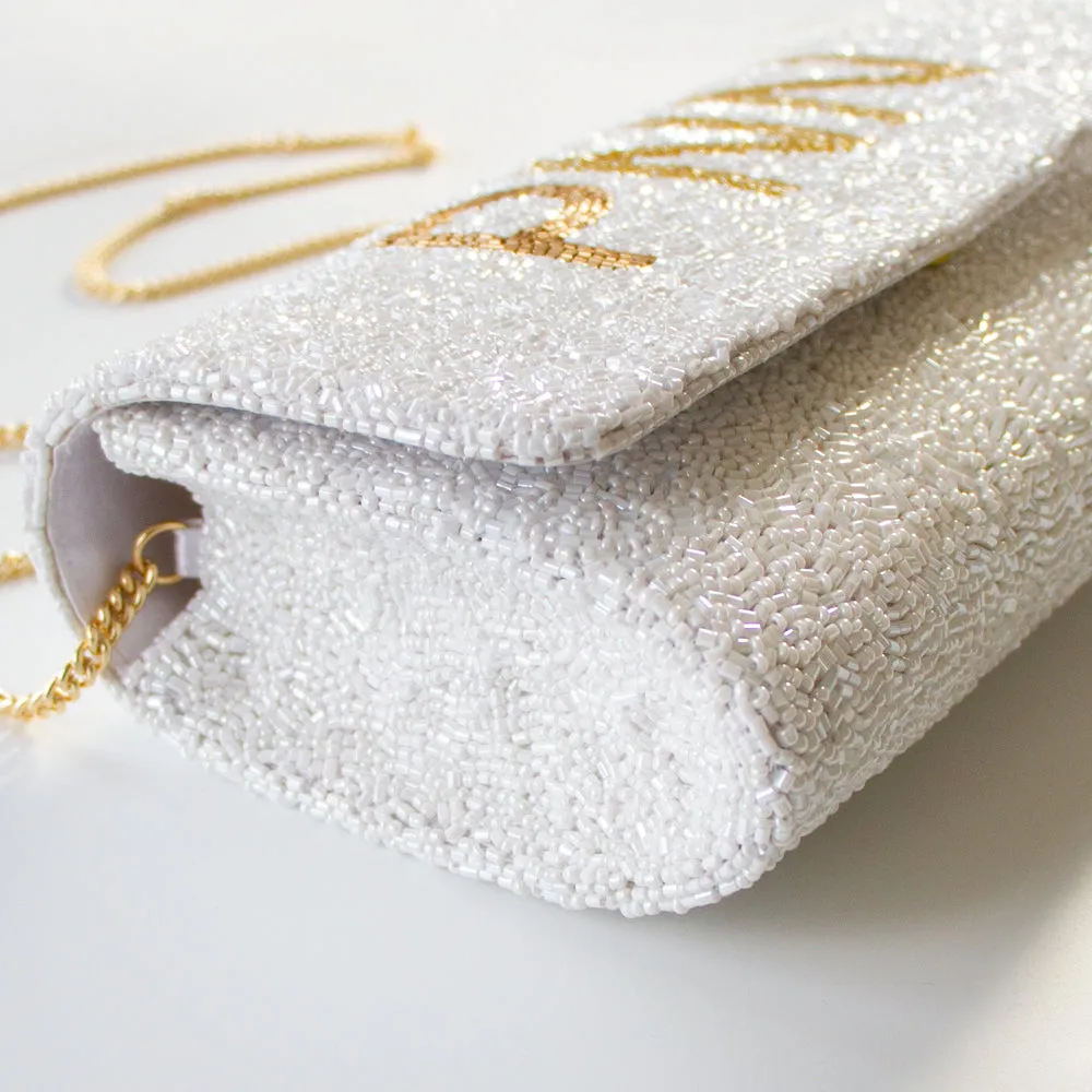 Medium Silver Personalized Hand Beaded Clutch (FOG)