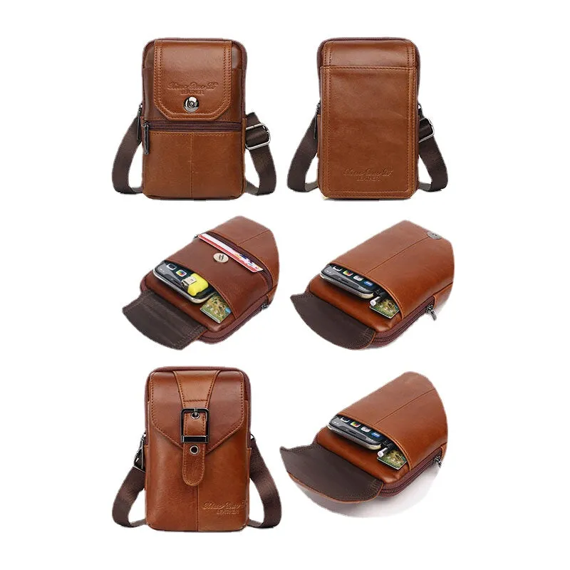 Men Genuine Leather Vintage Multi-card Slot 6.5 Inch Mini Phone Bag Crossbody Bag Waist Bag Cowhide Bag