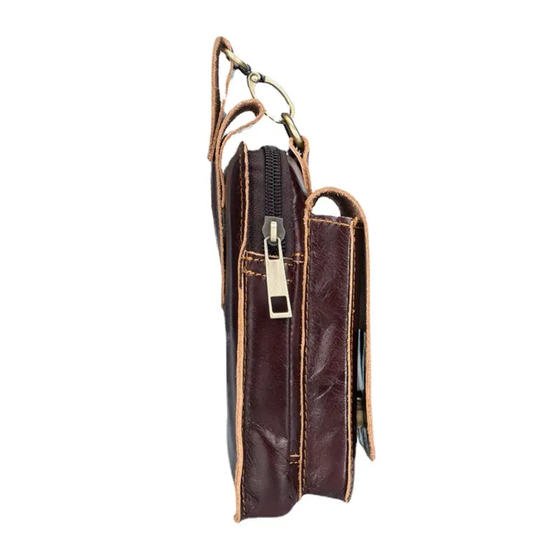 Men Genuine Leather Zipper Hasp Large Capacity Vintage 6.5 Inch Phone Bag Waist Bag