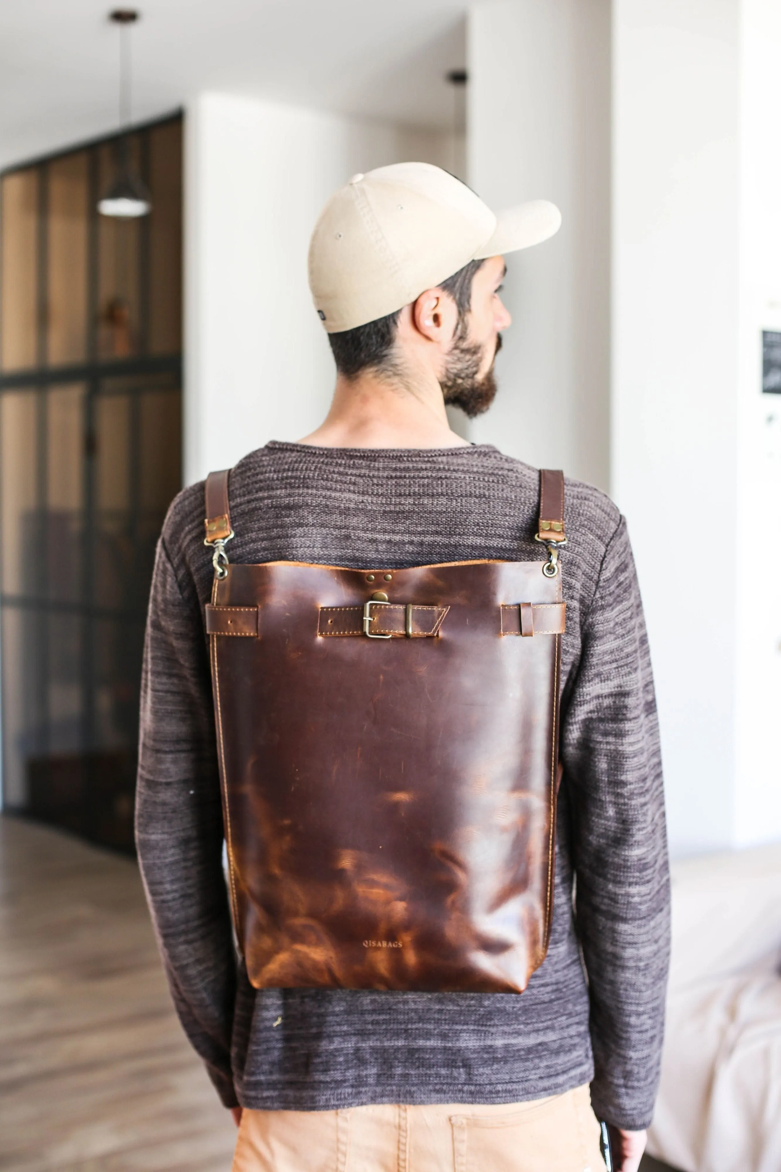 Men's Dark Brown Leather Backpack