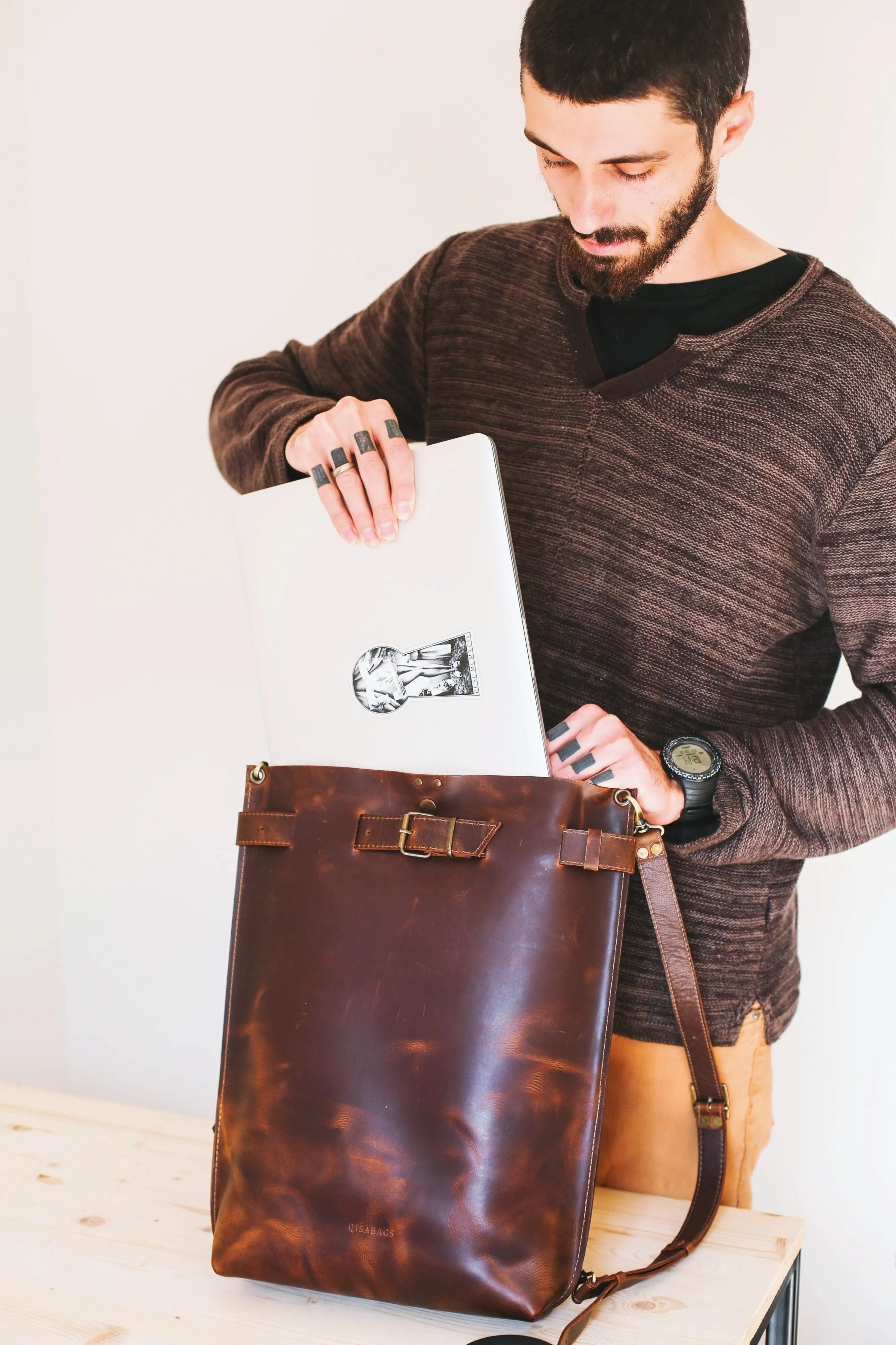 Men's Dark Brown Leather Backpack