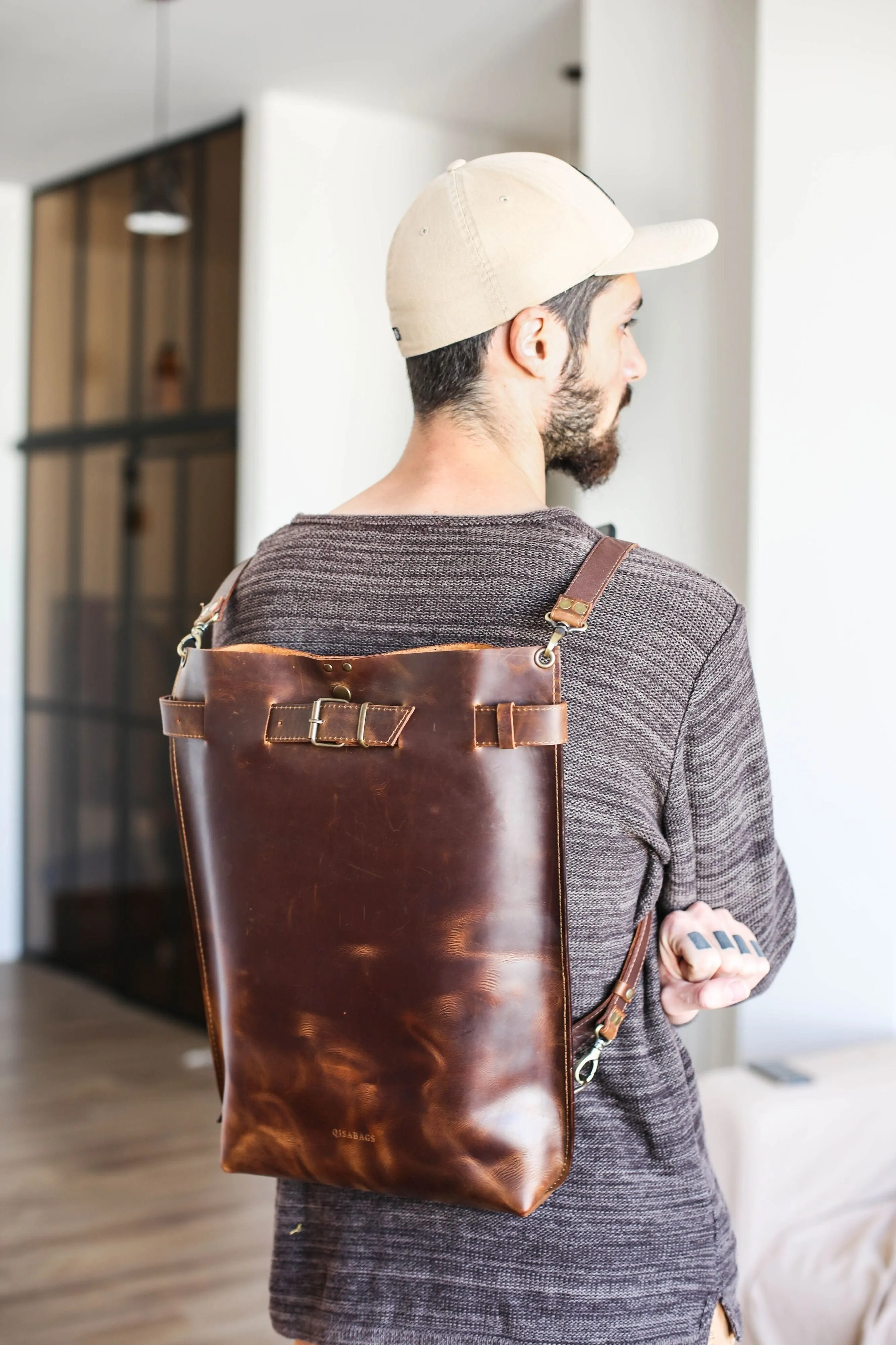 Men's Dark Brown Leather Backpack