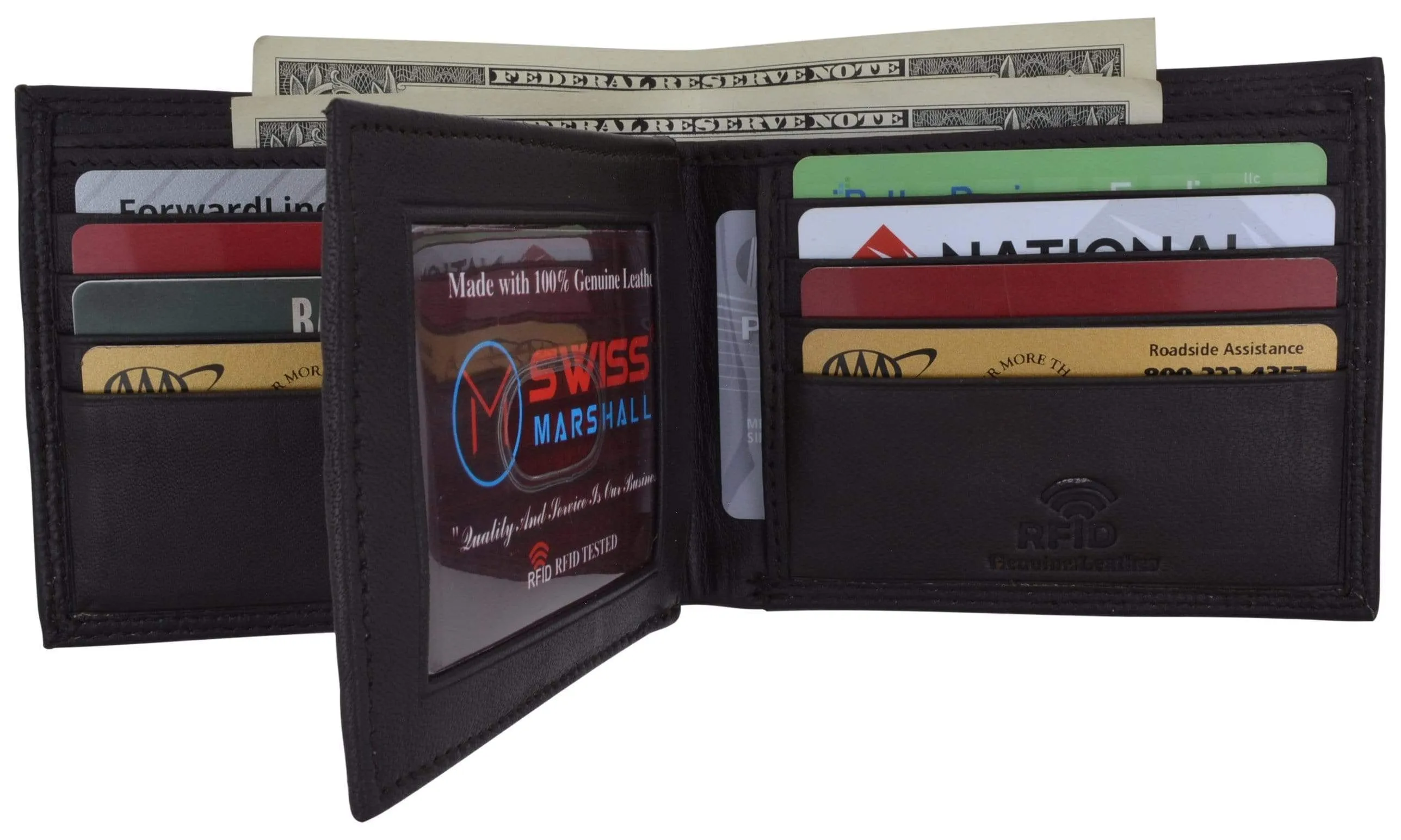 Men's RFID Blocking Premium Leather Bifold Multi-Card Compact Center Flip Wallet by Swiss Marshall