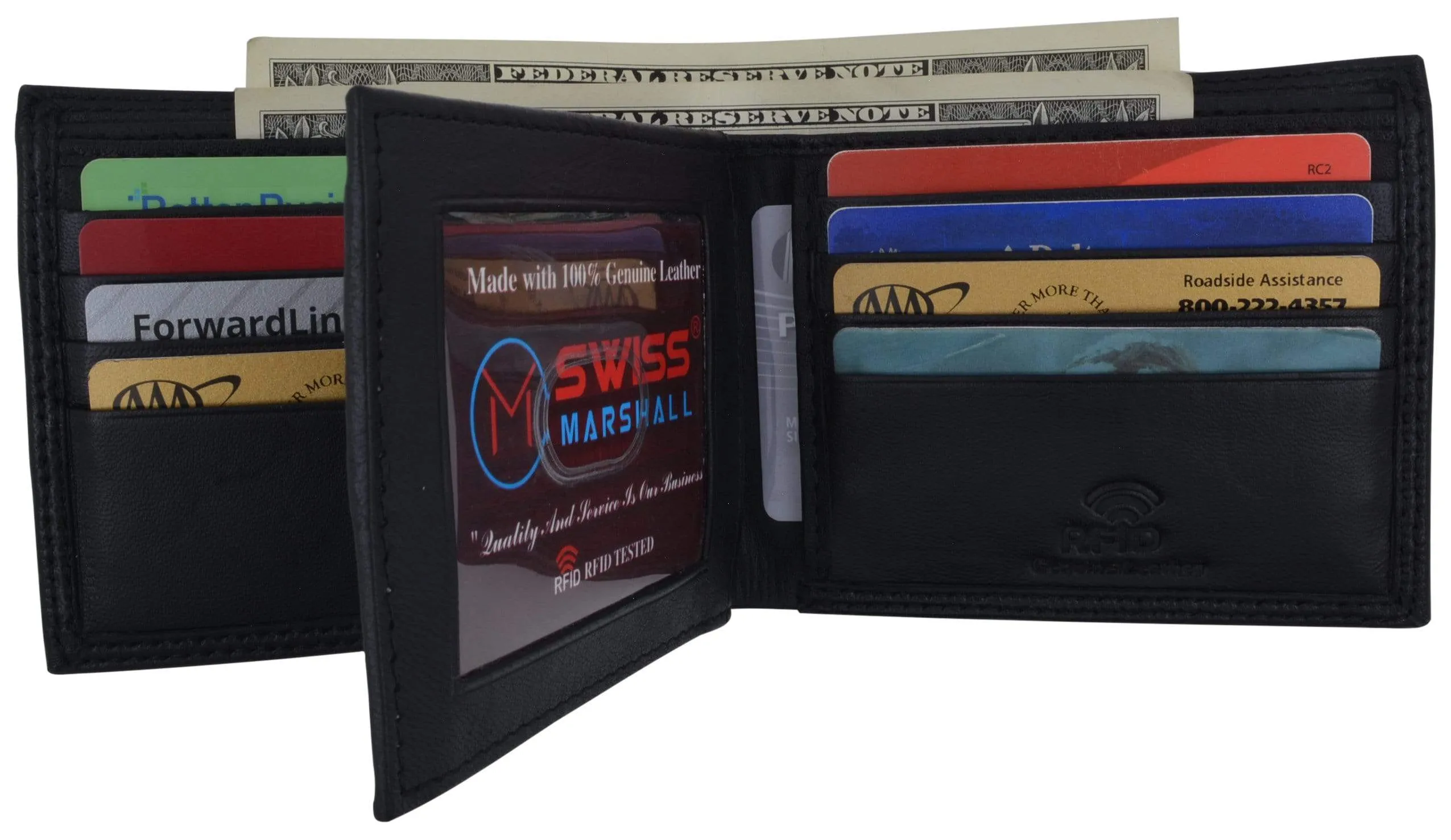 Men's RFID Blocking Premium Leather Bifold Multi-Card Compact Center Flip Wallet by Swiss Marshall