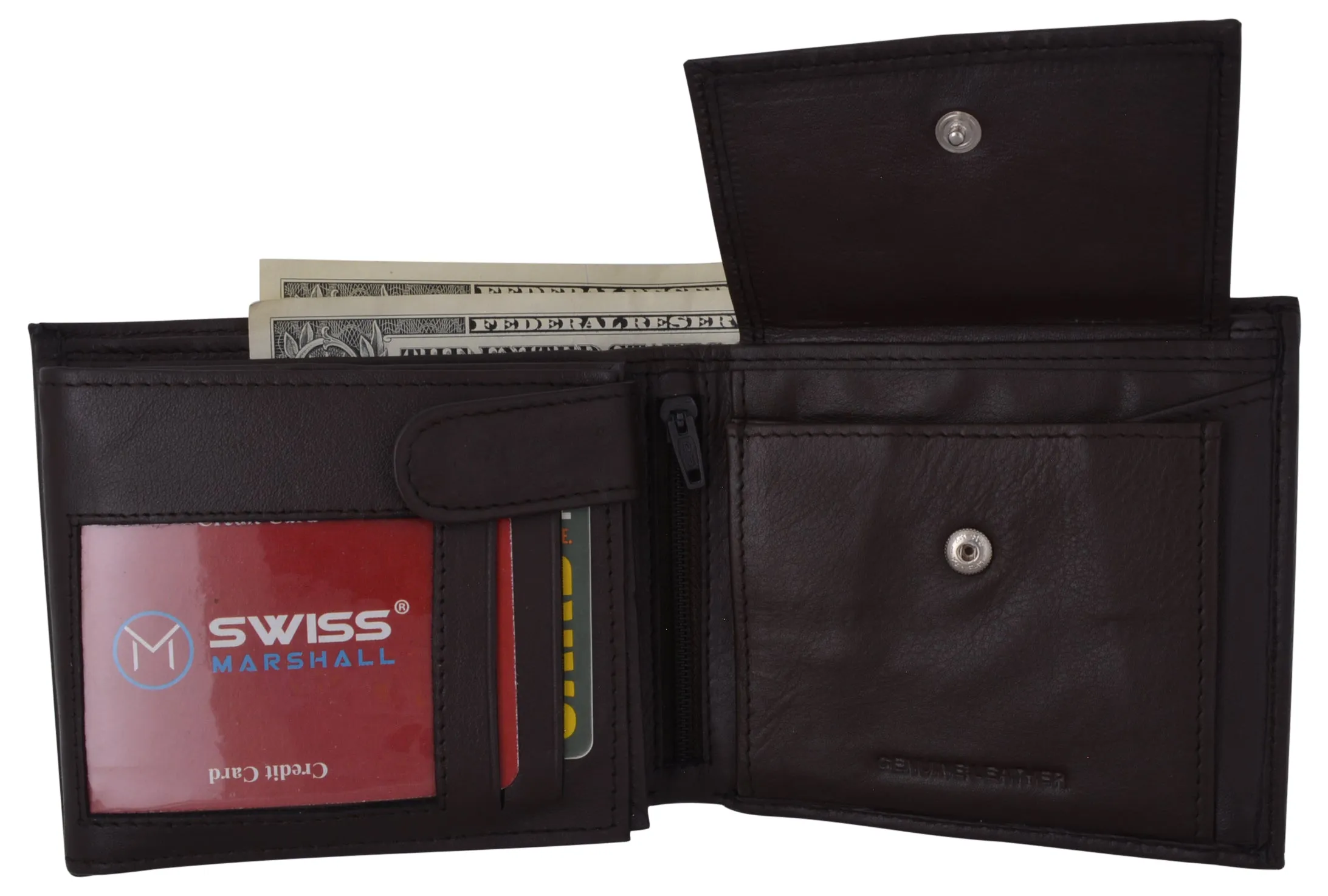 Mens RFID Leather Multi Credit Card ID Snap Bifold Wallet with Coin Pouch