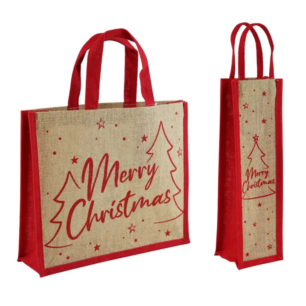 Merry Xmas Tree Red Jute Bag - Shopper or Bottle Bag (2 Shapes - 1 SENT)