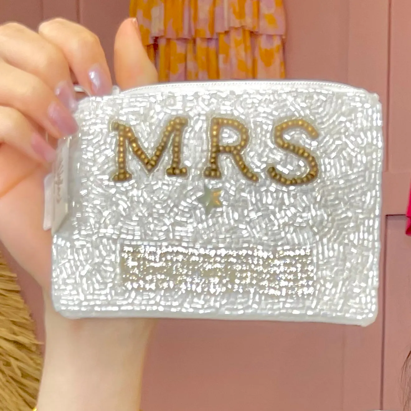 Mrs Beaded White Zip Pouch