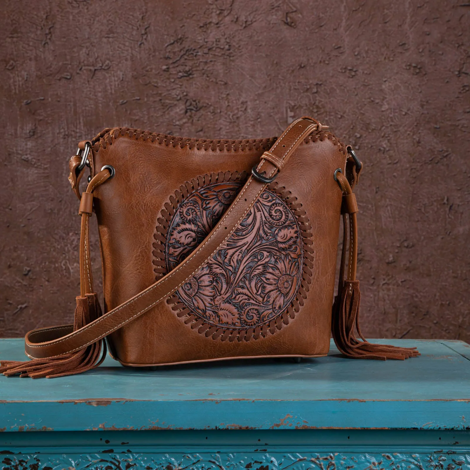 MW1218-8360 Montana West Tooled Collection Saddle Bag - Brown