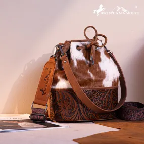 MW1275-8360 Montana West Cowhide Tooled Bucket Shoulder/Crossbody Bag- Brown