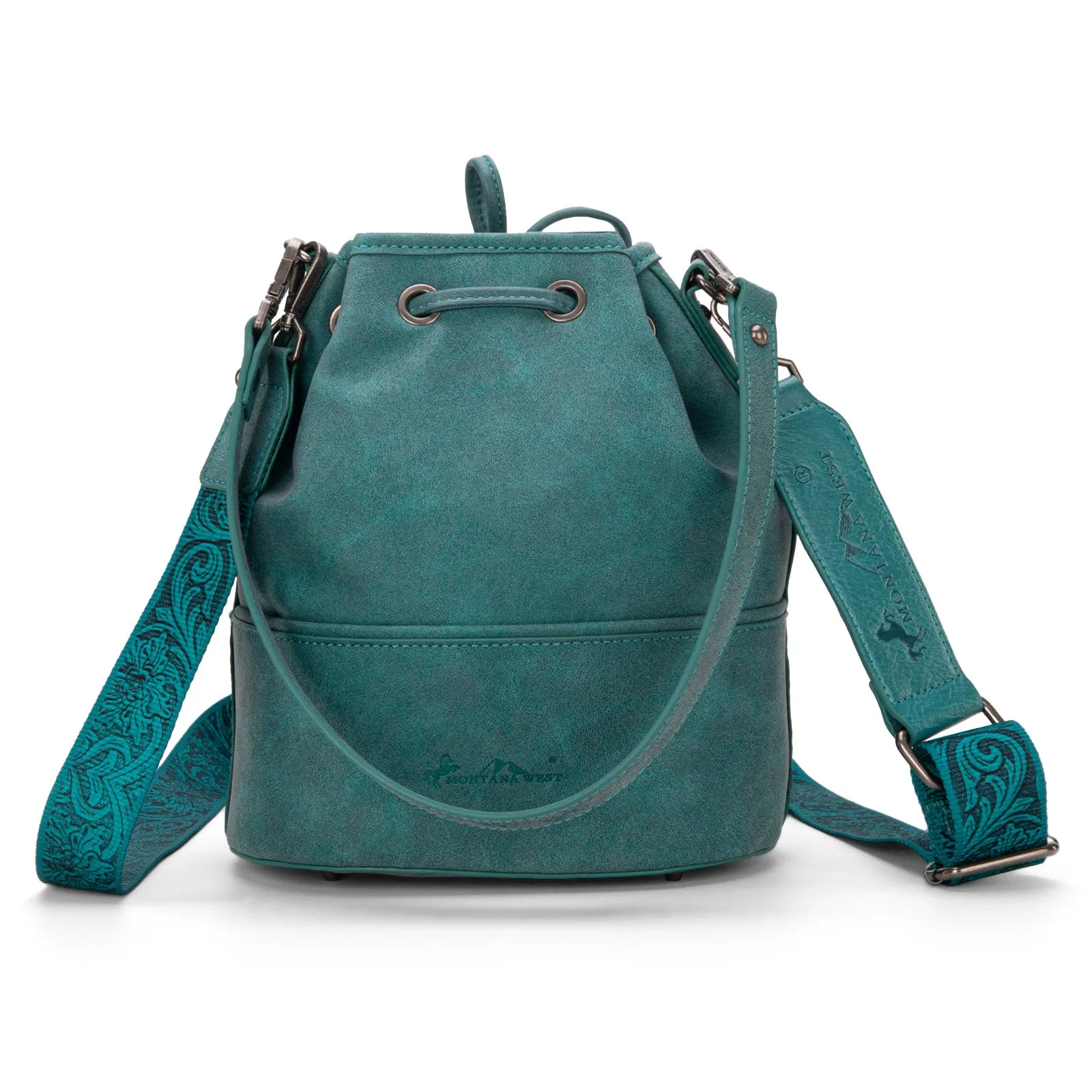 MW1275-8360 Montana West Cowhide Tooled Bucket Shoulder/Crossbody Bag- Turquoise