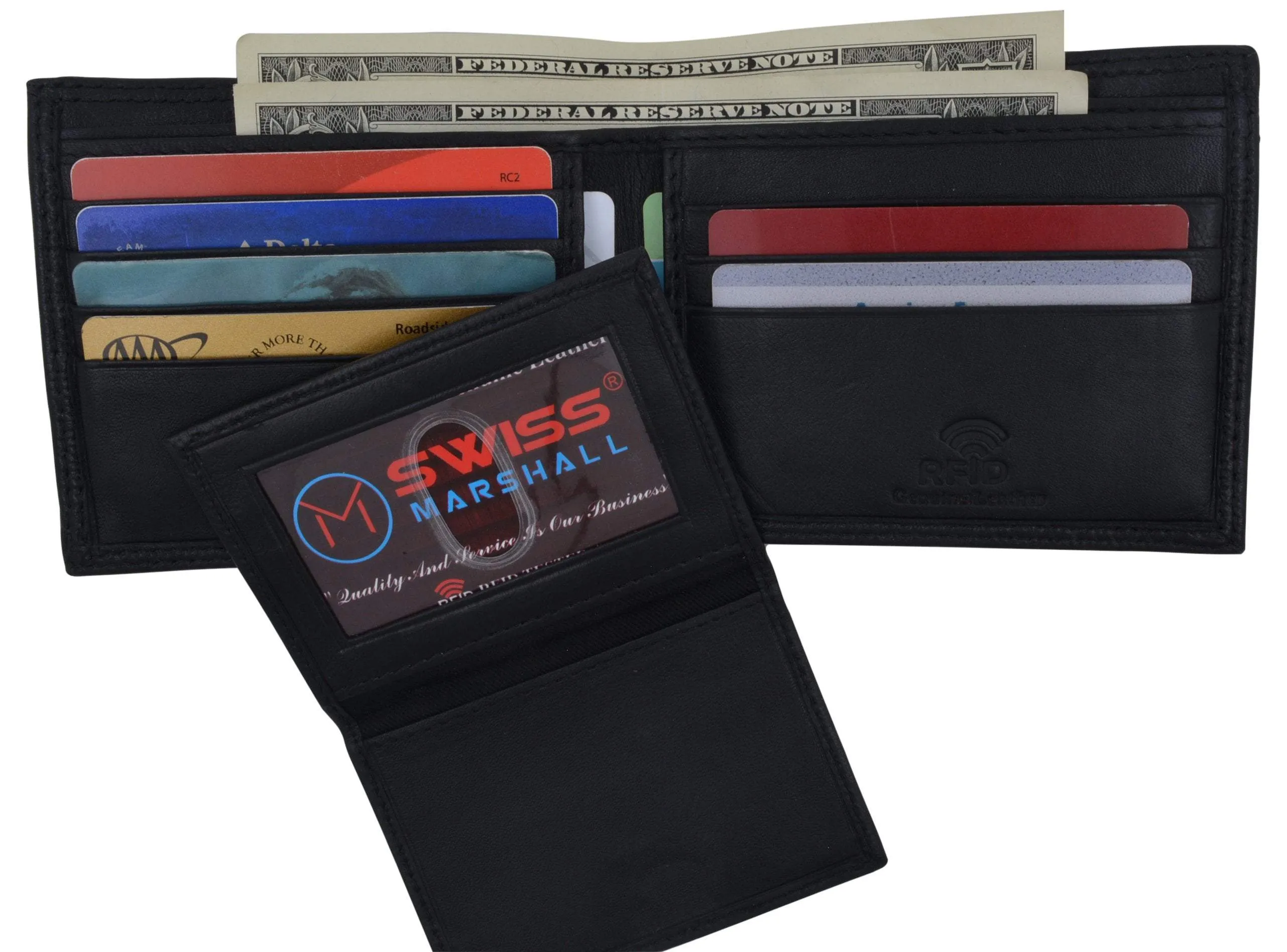 New Swiss Marshall Premium Leather Bifold Men's RFID Blocking Removable Credit Card ID Holder Wallet