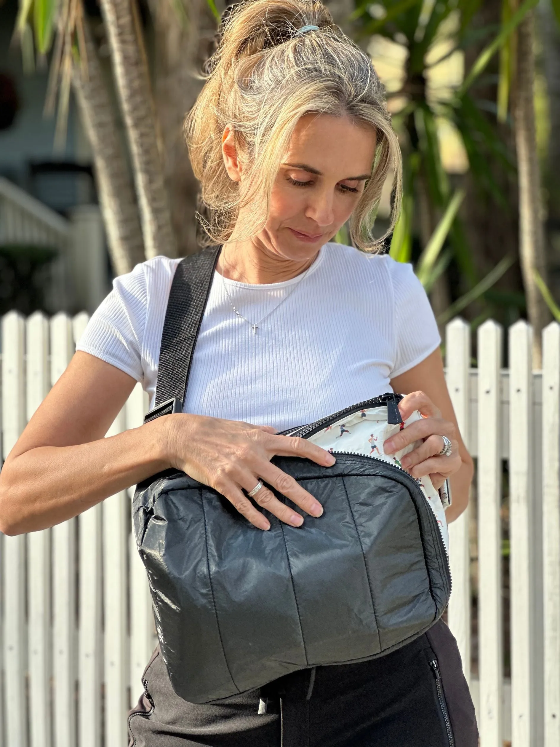 On the Go Workout Set of Two - Puffer Crossbody Backpack and Puffer Fanny Pack in Shimmer Black