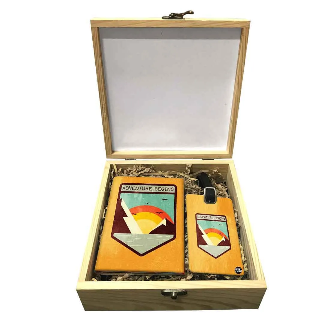 Passport Cover Luggage Tag Wooden Gift Box Set - Adventure Begins