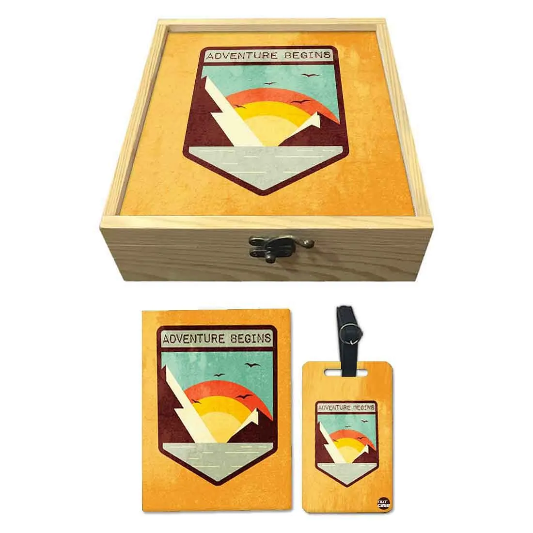 Passport Cover Luggage Tag Wooden Gift Box Set - Adventure Begins