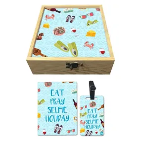 Passport Cover Luggage Tag Wooden Gift Box Set - Eat Pray Selfie Holiday