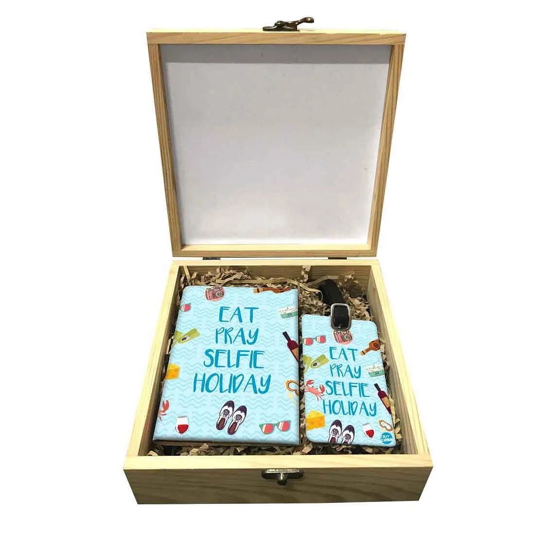 Passport Cover Luggage Tag Wooden Gift Box Set - Eat Pray Selfie Holiday