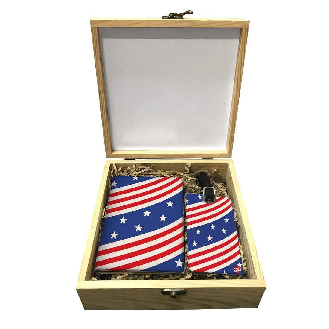 Passport Cover Luggage Tag Wooden Gift Box Set - Flag