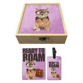 Passport Cover Luggage Tag Wooden Gift Box Set - Ready To Roam (Purple)