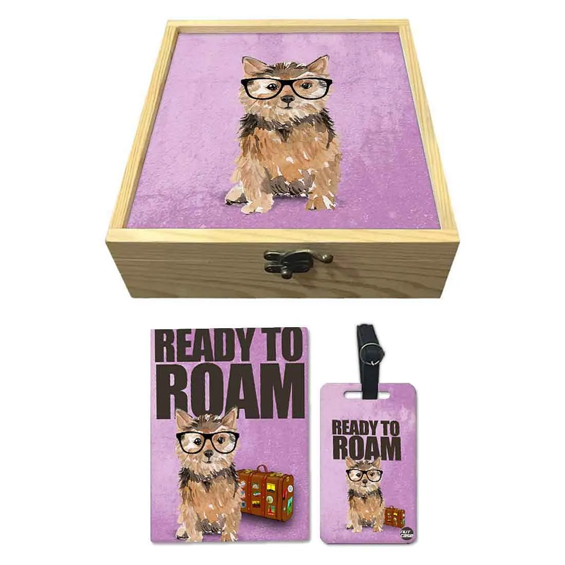 Passport Cover Luggage Tag Wooden Gift Box Set - Ready To Roam (Purple)