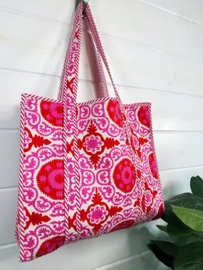 Quilted Tote Bag | Pink Red Tote | Large Shopping Tote Bag