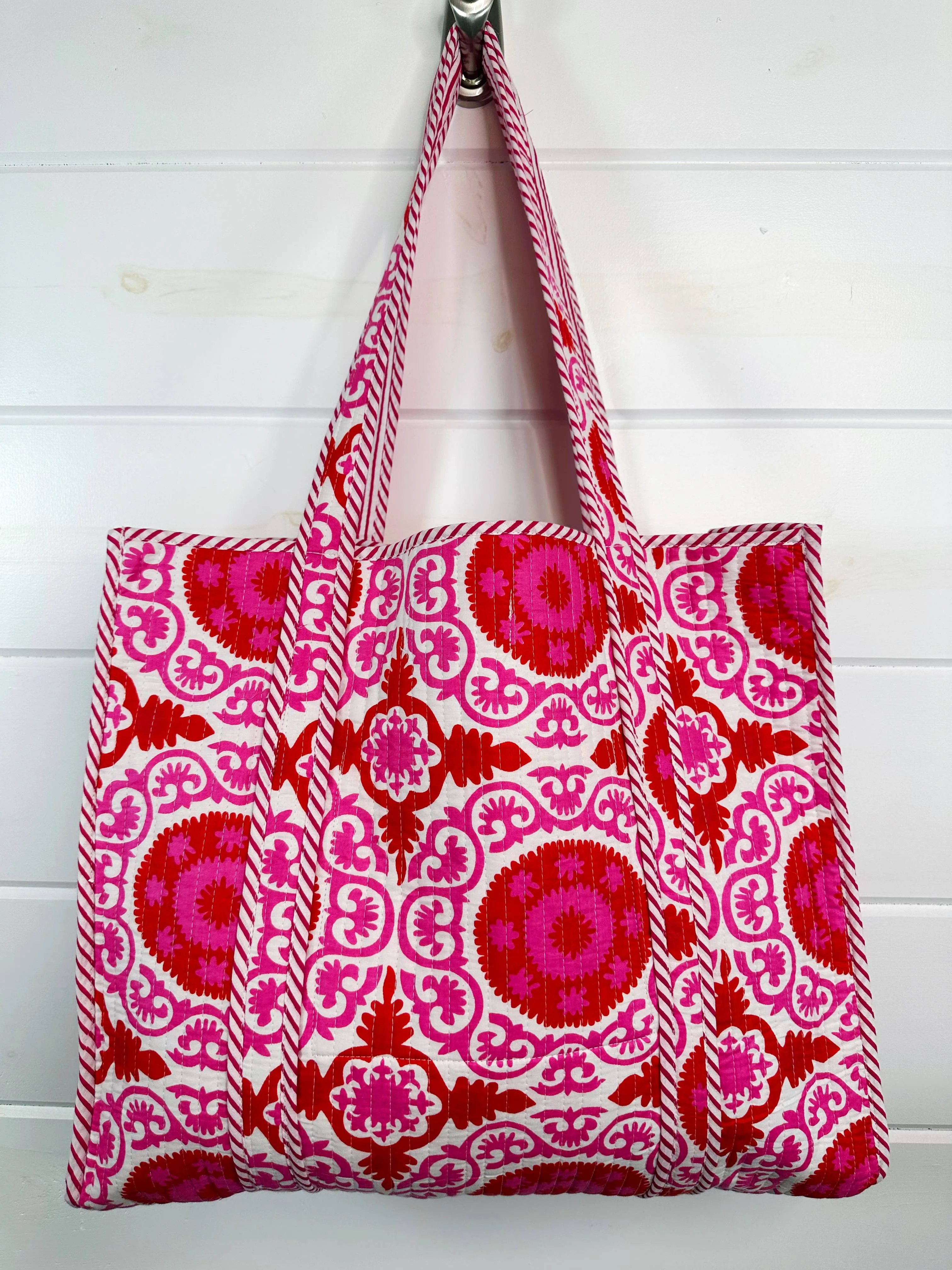 Quilted Tote Bag | Pink Red Tote | Large Shopping Tote Bag