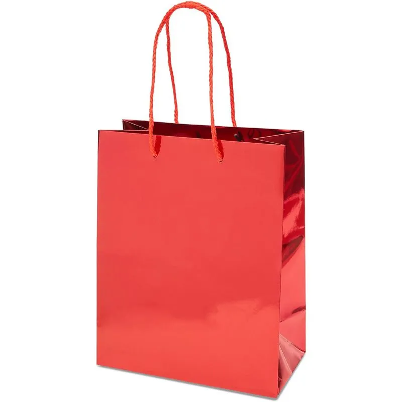 Red Metallic Medium Gift Bags with Handles for Weddings, Birthdays (9.25 x 8 x 4.25 in, 24 Pack)