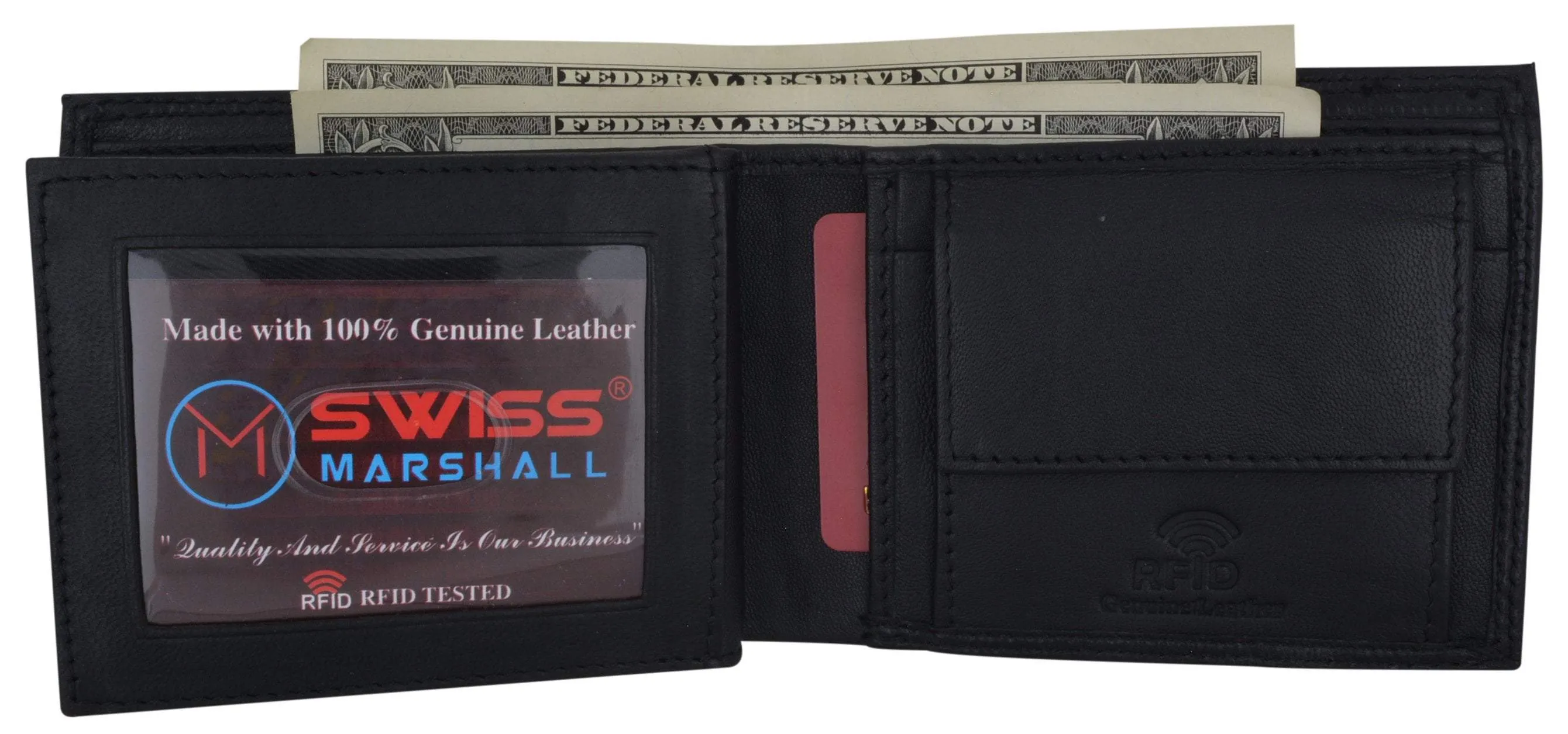 RFID Blocking Men's Bifold Premium Leather Credit Card ID Holder Wallet with Coin Pouch by Swiss Marshall