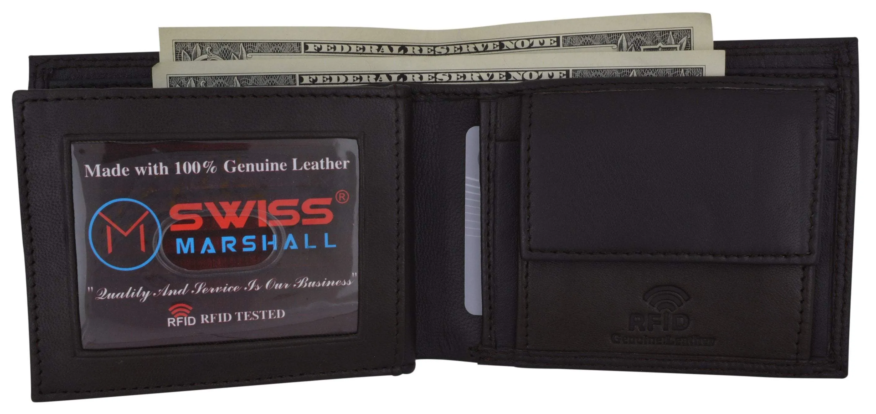 RFID Blocking Men's Bifold Premium Leather Credit Card ID Holder Wallet with Coin Pouch by Swiss Marshall