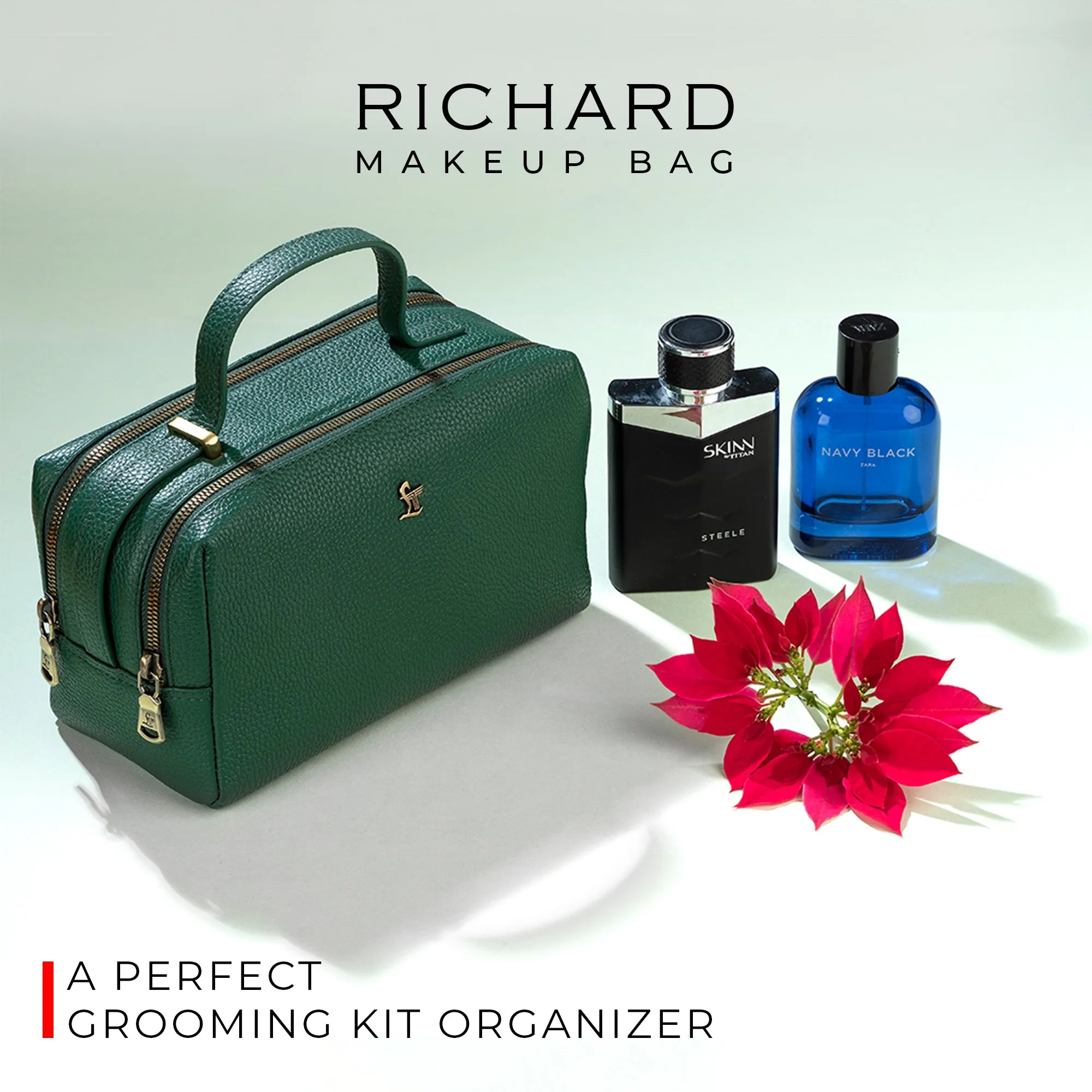 Richard's Genuine Leather Makeup Bag for Women | Makeup Organizer Bag | Cosmetic bag for Travel | Color: Green