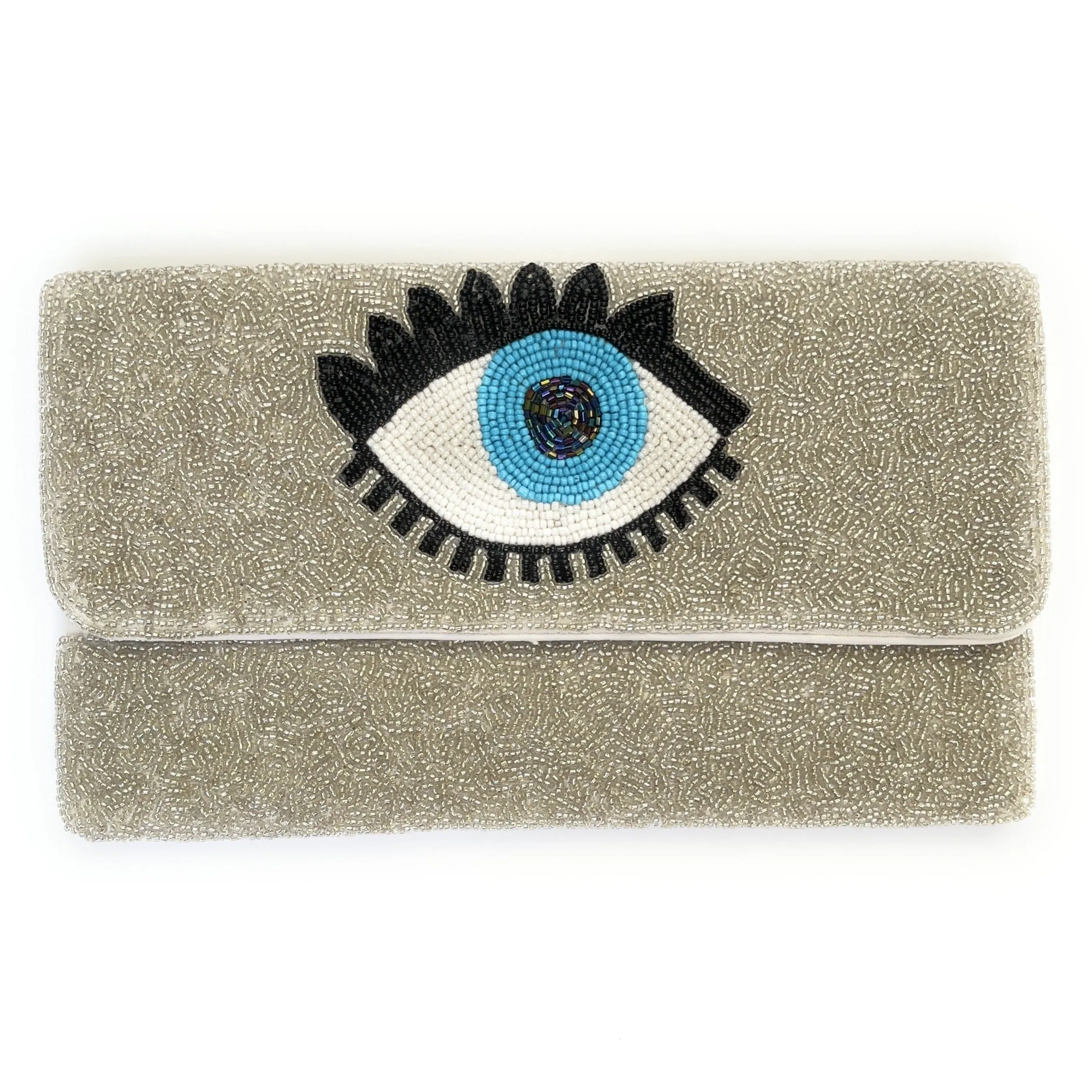 Silver Evil Eye Beaded Clutch Purse