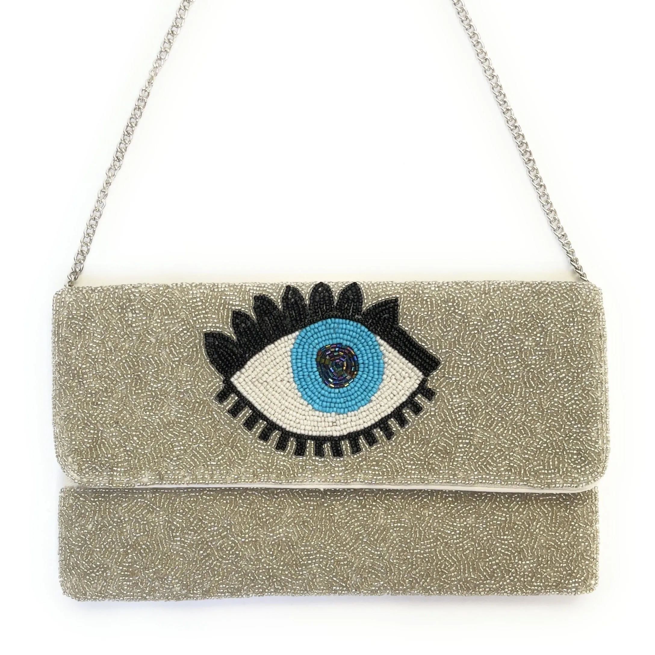 Silver Evil Eye Beaded Clutch Purse