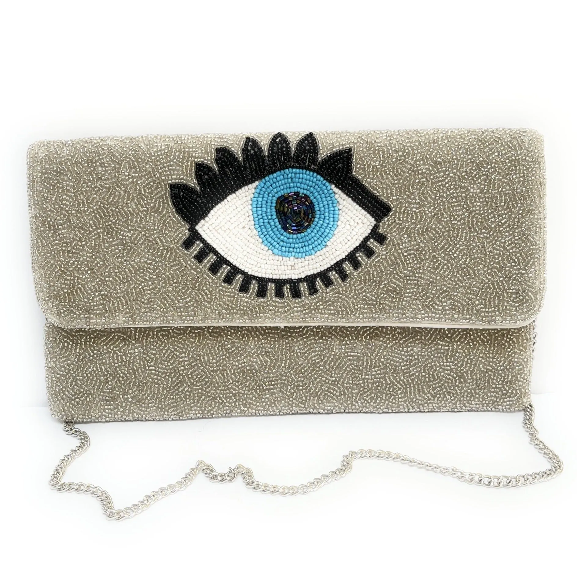 Silver Evil Eye Beaded Clutch Purse