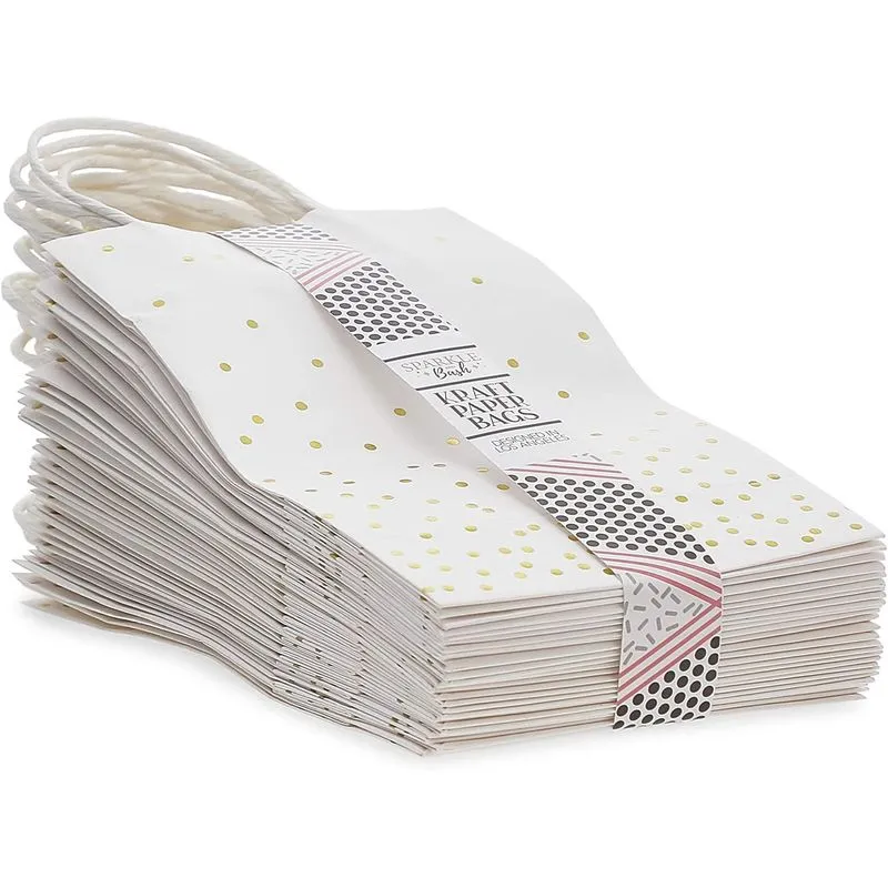 Small White Gift Bags with Handles, Gold Foil Polka Dots (8.6 x 3.5 in, 25 Pack)