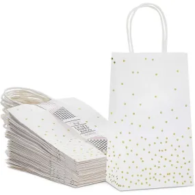 Small White Gift Bags with Handles, Gold Foil Polka Dots (8.6 x 3.5 in, 25 Pack)