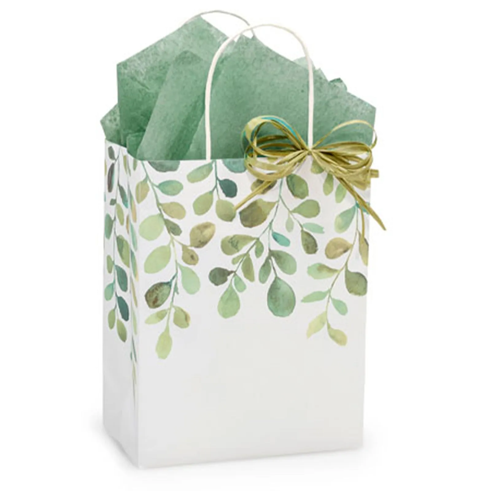 Spring Greenery Watercolor Green Leaf Paper Gift Bags and Party Favor Bags, Medium Size 8.25"x4.75"x10.5" (12 Pack)