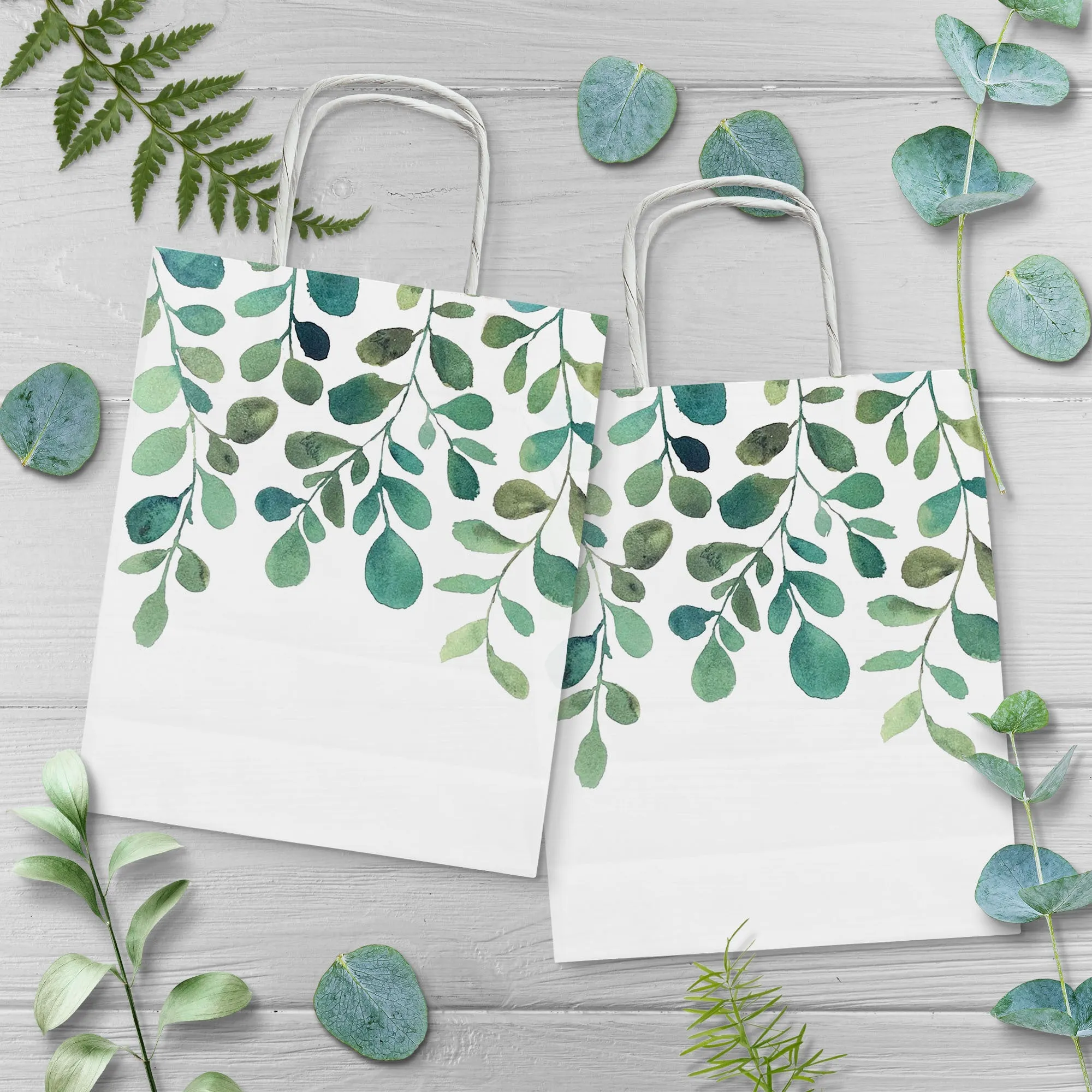 Spring Greenery Watercolor Green Leaf Paper Gift Bags and Party Favor Bags, Medium Size 8.25"x4.75"x10.5" (12 Pack)