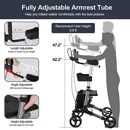 Stand Up Rollator Walker with Seat, Padded Armrest, Backrest, and Basket