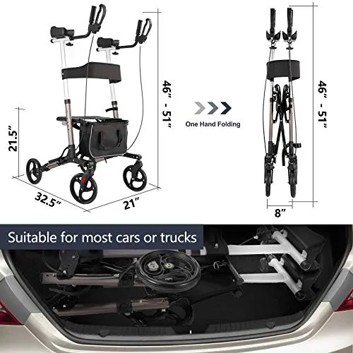 Stand Up Rollator Walker with Seat, Padded Armrest, Backrest, and Basket