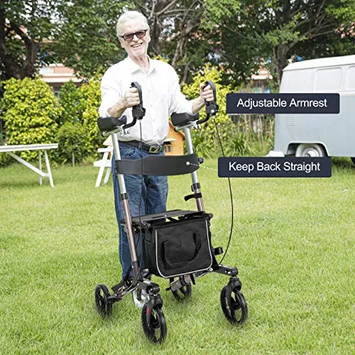 Stand Up Rollator Walker with Seat, Padded Armrest, Backrest, and Basket