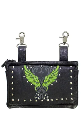 Studded Naked Cowhide Leather Belt Bag With Lime Green Wings