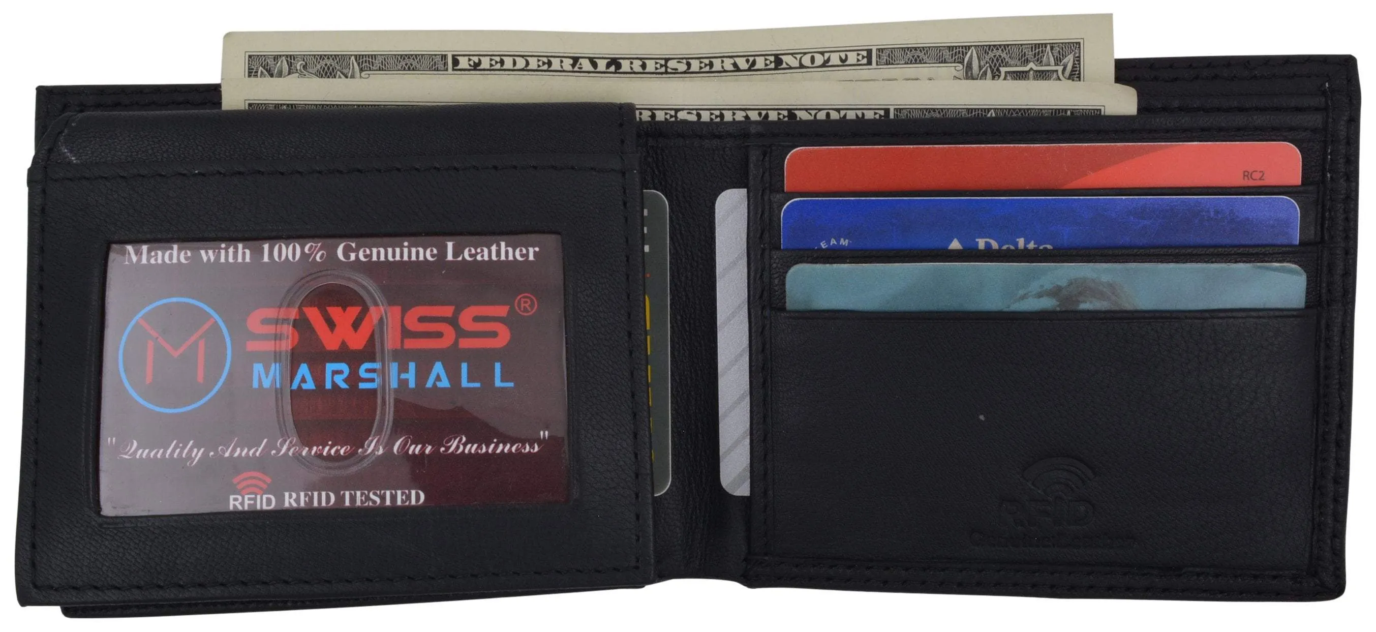 Swiss Marshall Premium Leather Men's Bifold Fixed ID Flap Card Holder Wallet