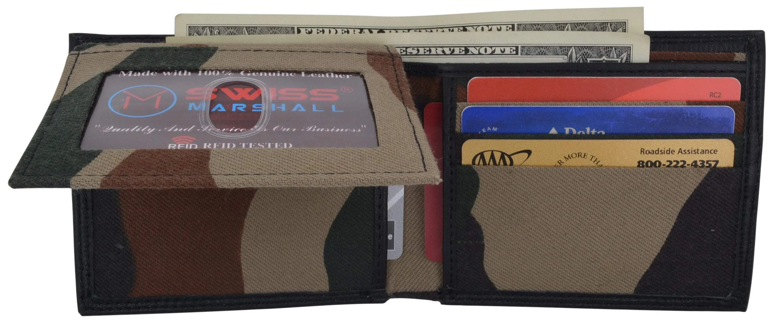 Swiss Marshall Premium Leather Men's Bifold Fixed ID Flap Card Holder Wallet