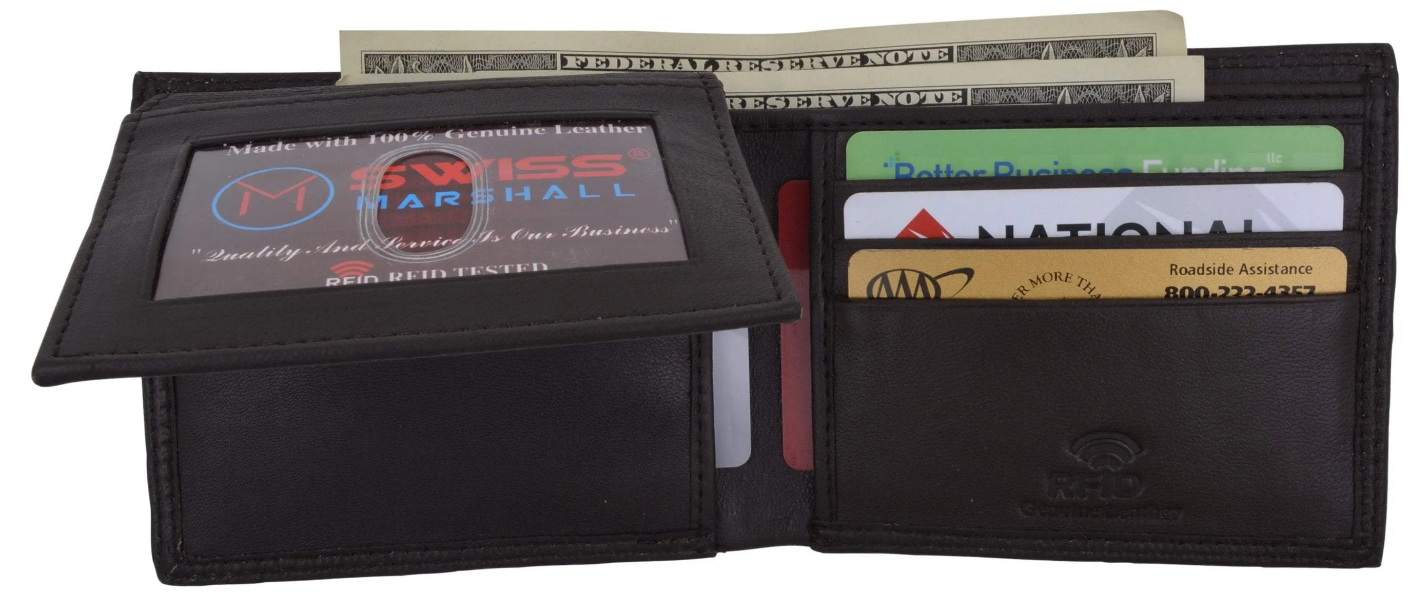 Swiss Marshall Premium Leather Men's Bifold Fixed ID Flap Card Holder Wallet