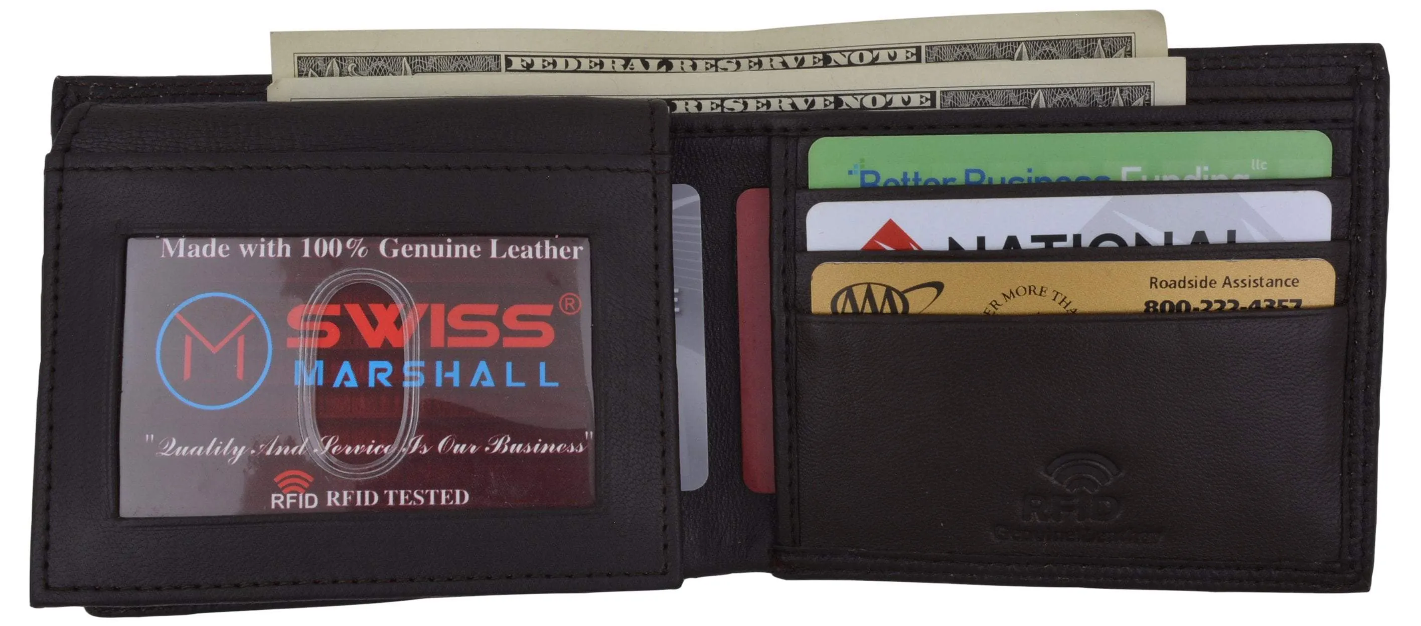 Swiss Marshall Premium Leather Men's Bifold Fixed ID Flap Card Holder Wallet