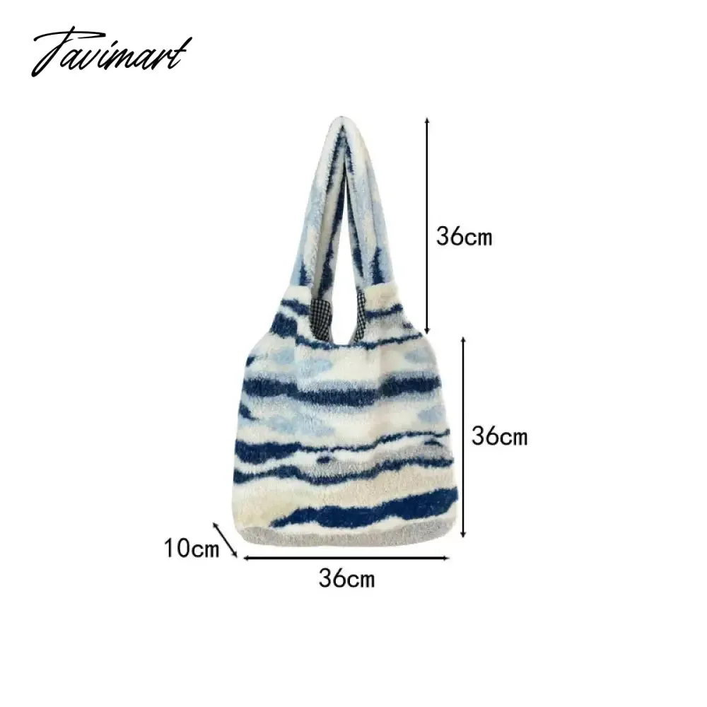 Tavimart Winter Plush Shoulder Bag Women's Large Capacity Tote Stripe Ink Pattern Fluffy Shopping Bags Handbag