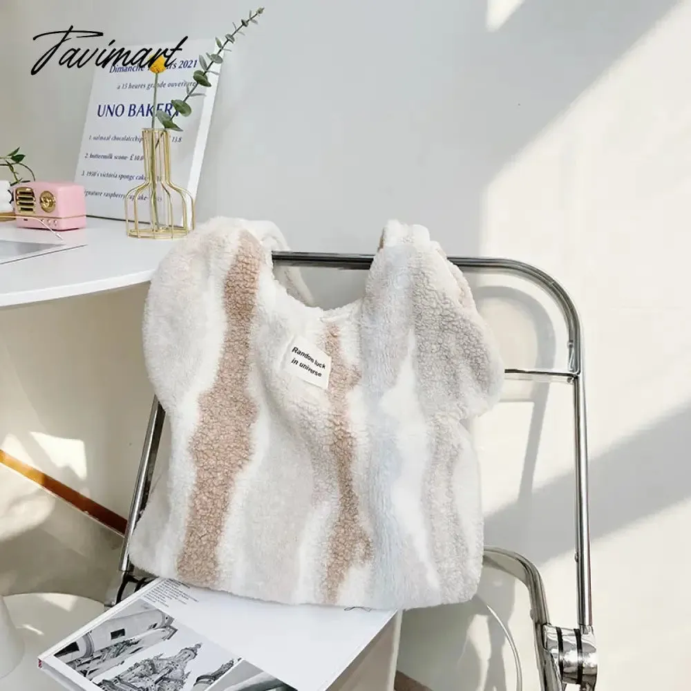 Tavimart Winter Plush Shoulder Bag Women's Large Capacity Tote Stripe Ink Pattern Fluffy Shopping Bags Handbag