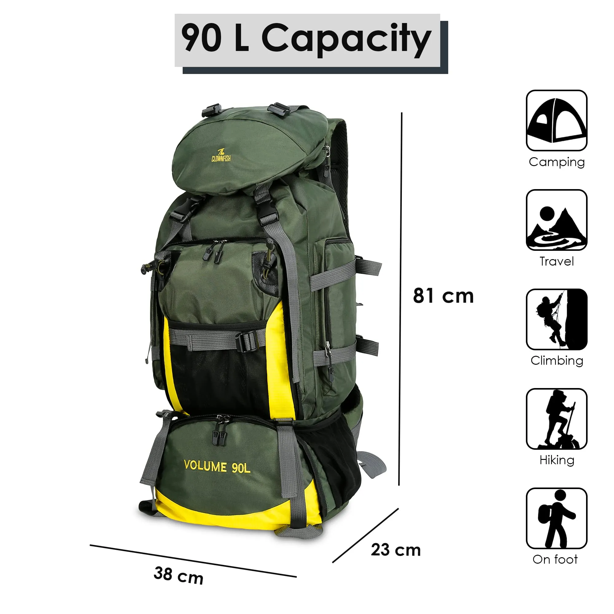 THE CLOWNFISH Summit Seeker 90 Litres Polyester Travel Backpack for Mountaineering Outdoor Sport Camp Hiking Trekking Bag Camping Rucksack Bagpack Bags (Green)