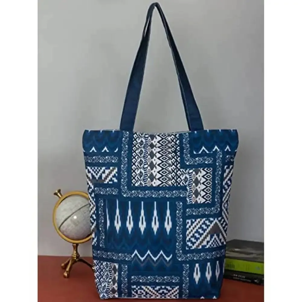 Tikuli Polyester Durable Canvas Large Size Printed Tote Bag for Women with ZIP (Blue)