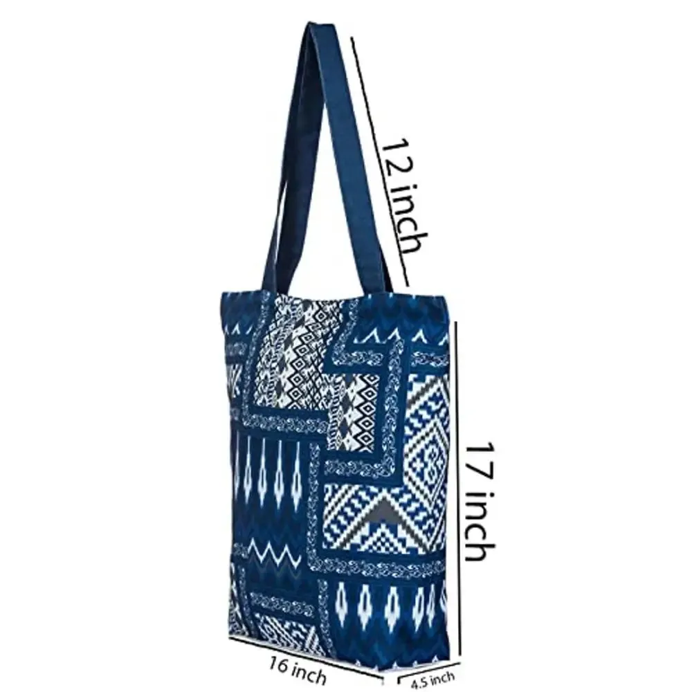 Tikuli Polyester Durable Canvas Large Size Printed Tote Bag for Women with ZIP (Blue)